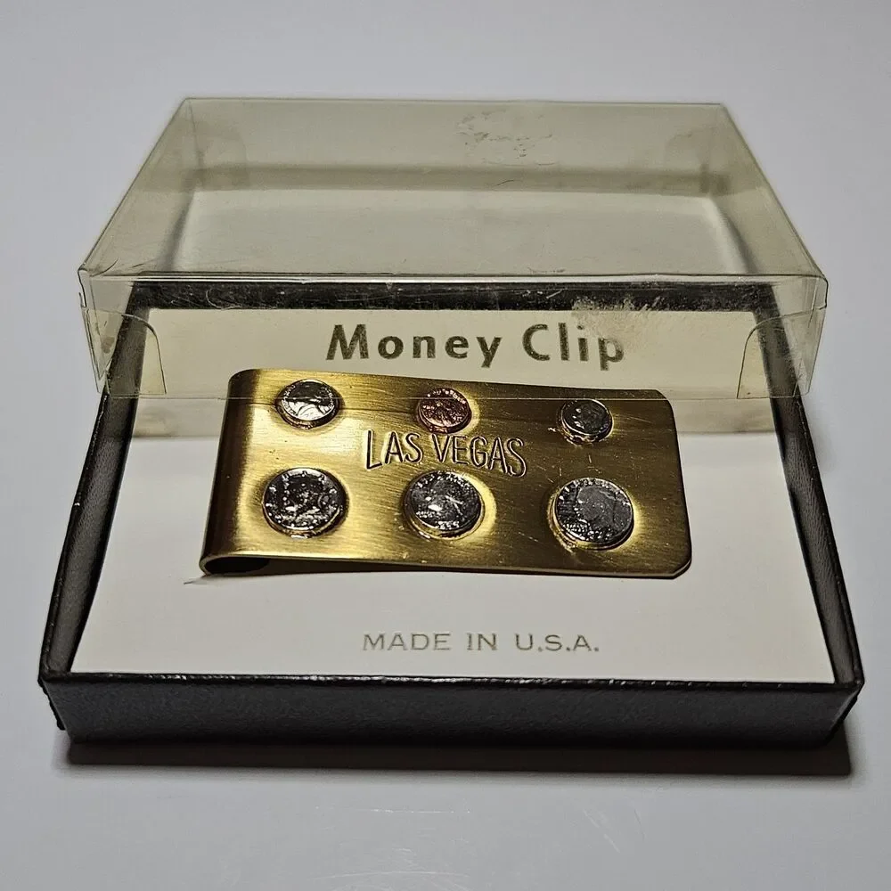 *Sale* Vintage Gold Tone Las Vegas Mini Coin Money Clip IOB